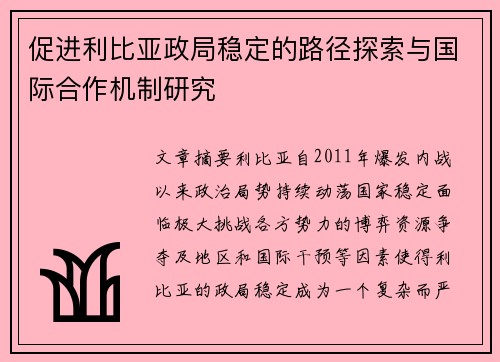 促进利比亚政局稳定的路径探索与国际合作机制研究